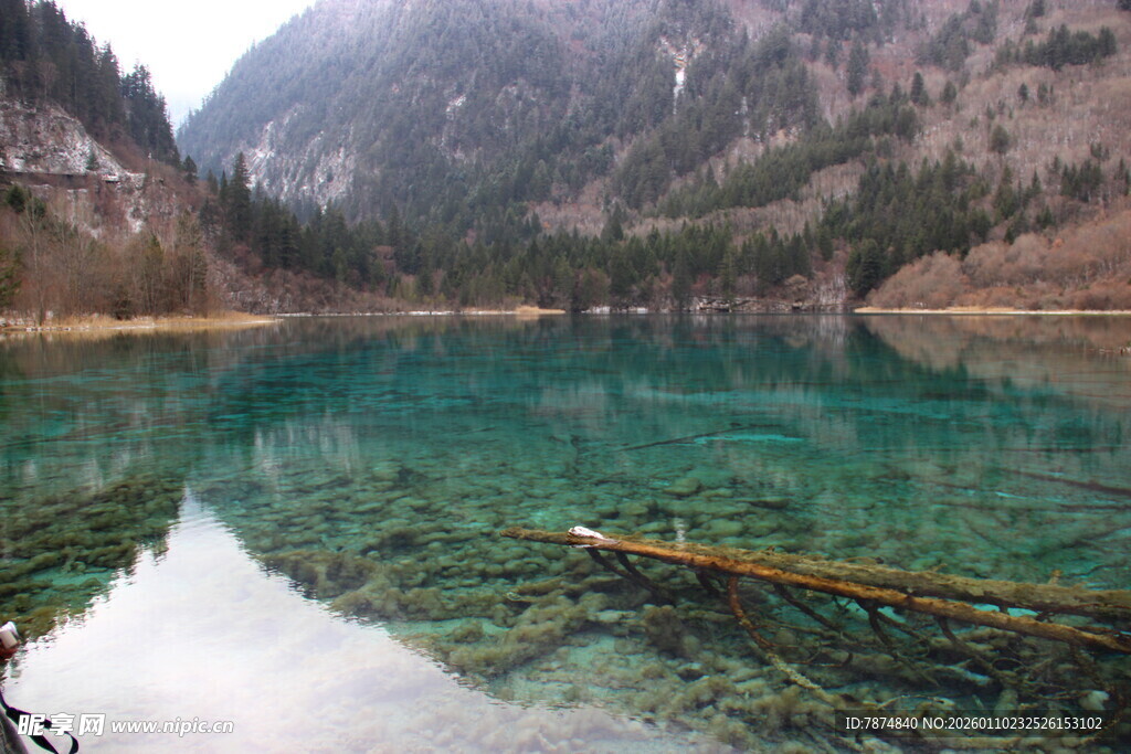 清澈碧绿的山间湖泊美景