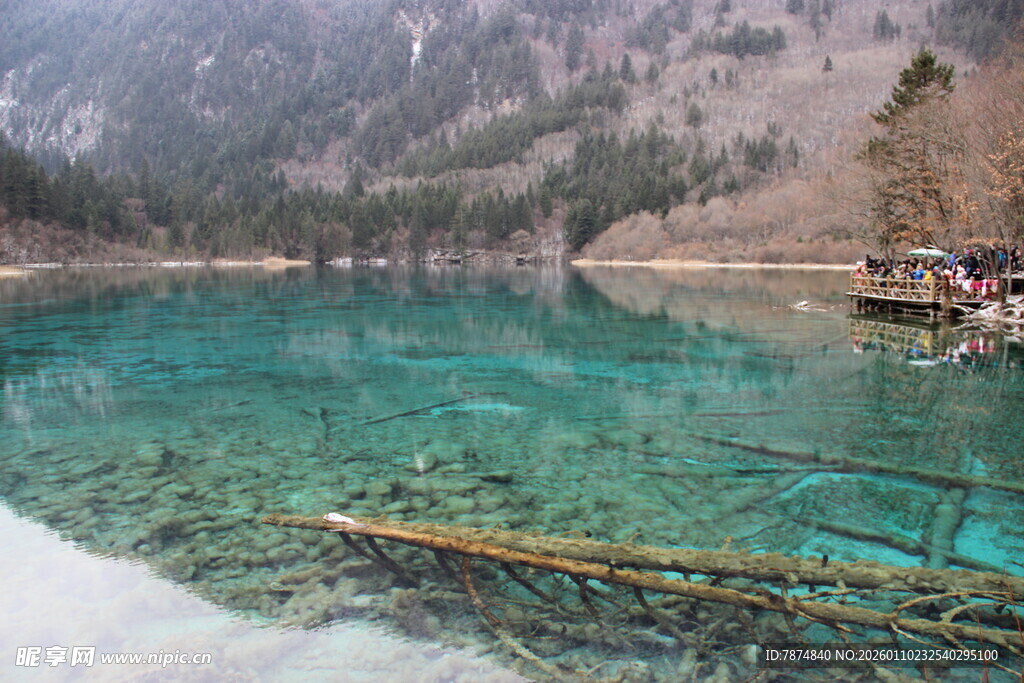 九寨沟清澈碧绿的幽美湖水