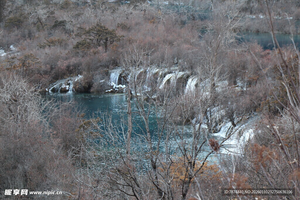 冬日冰封河流与萧瑟树林