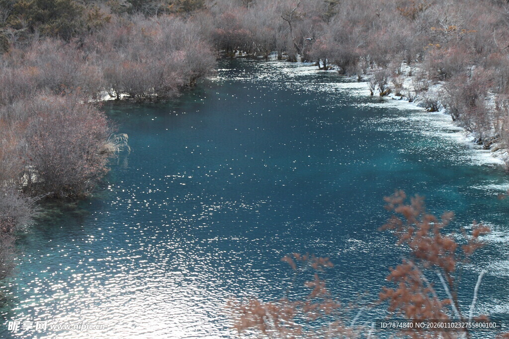 冬日蓝湖与萧瑟岸边景致