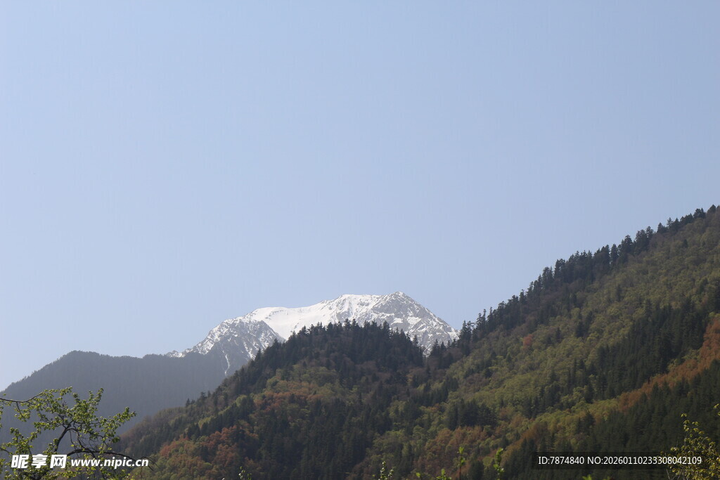 巍峨青山顶覆皑皑白雪