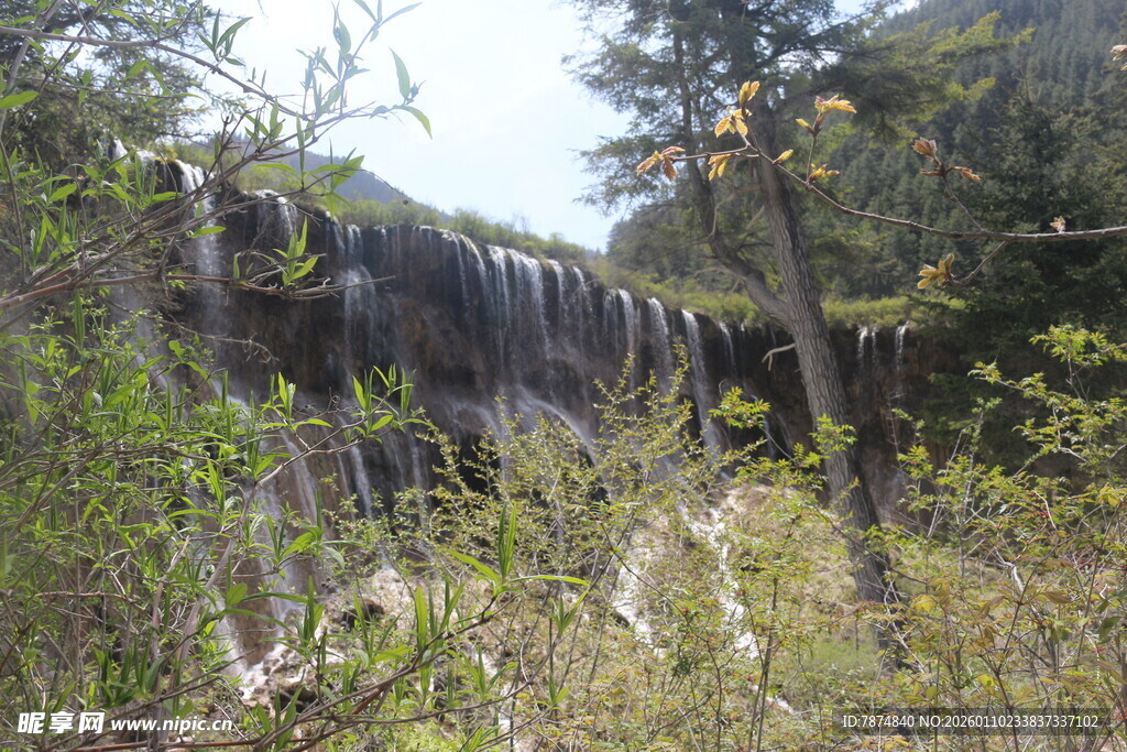 山间瀑布被绿植环绕