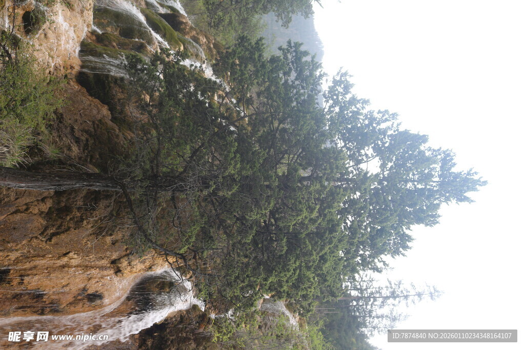 山间绿树瀑布自然美景