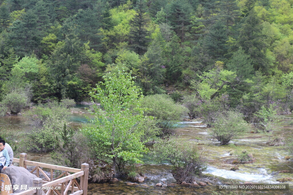 山间溪流旁的木质栈道