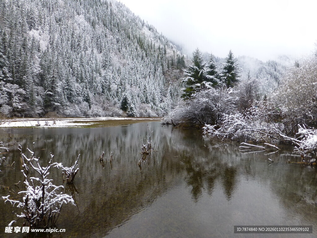 冬日雪覆山林中的静谧湖水