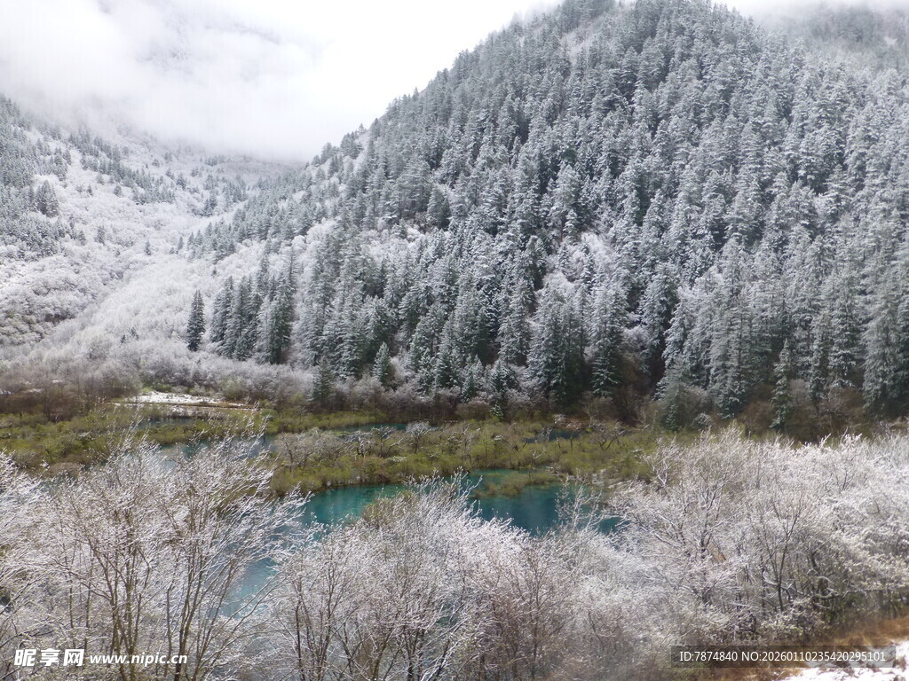 雪覆山林间的幽蓝湖泊