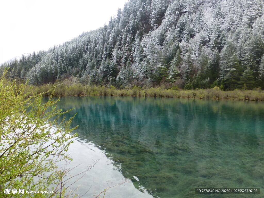 雪山下的清澈碧绿湖泊