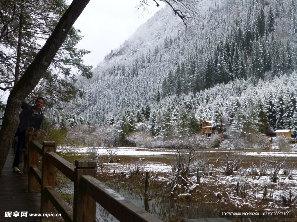冬日山林雪景中的观景者