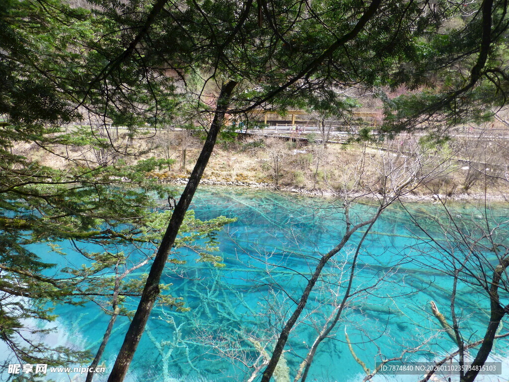 清澈蓝湖映山林