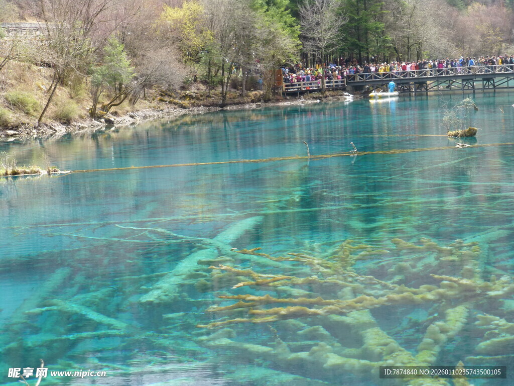 清澈蓝绿色湖水风景图