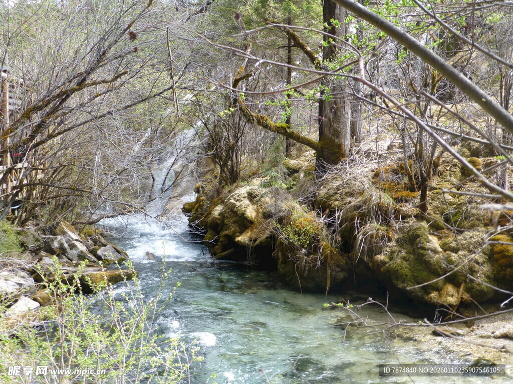 山间溪流潺潺的自然景致