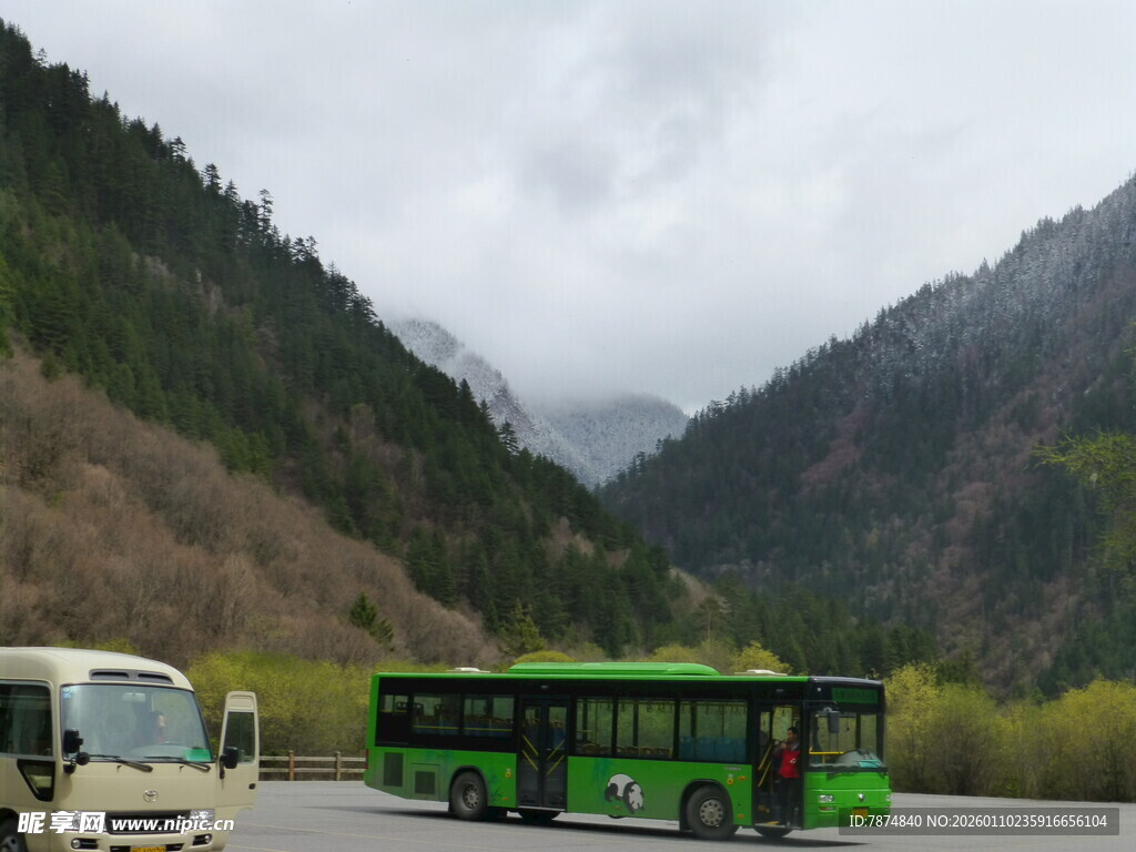 山间公路上的绿色公交车