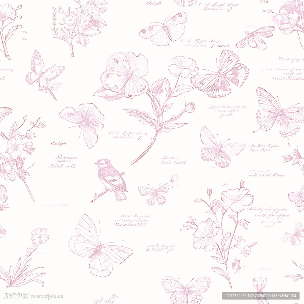 粉色花卉蝴蝶手绘图案