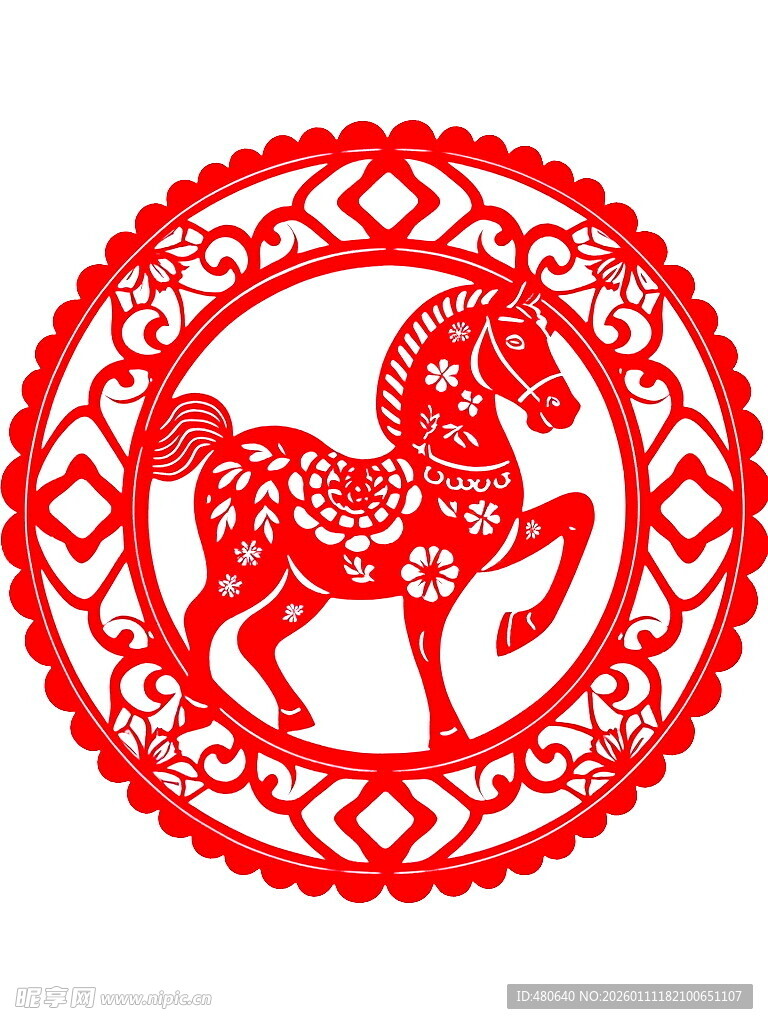 圆形红剪纸骏马图案
