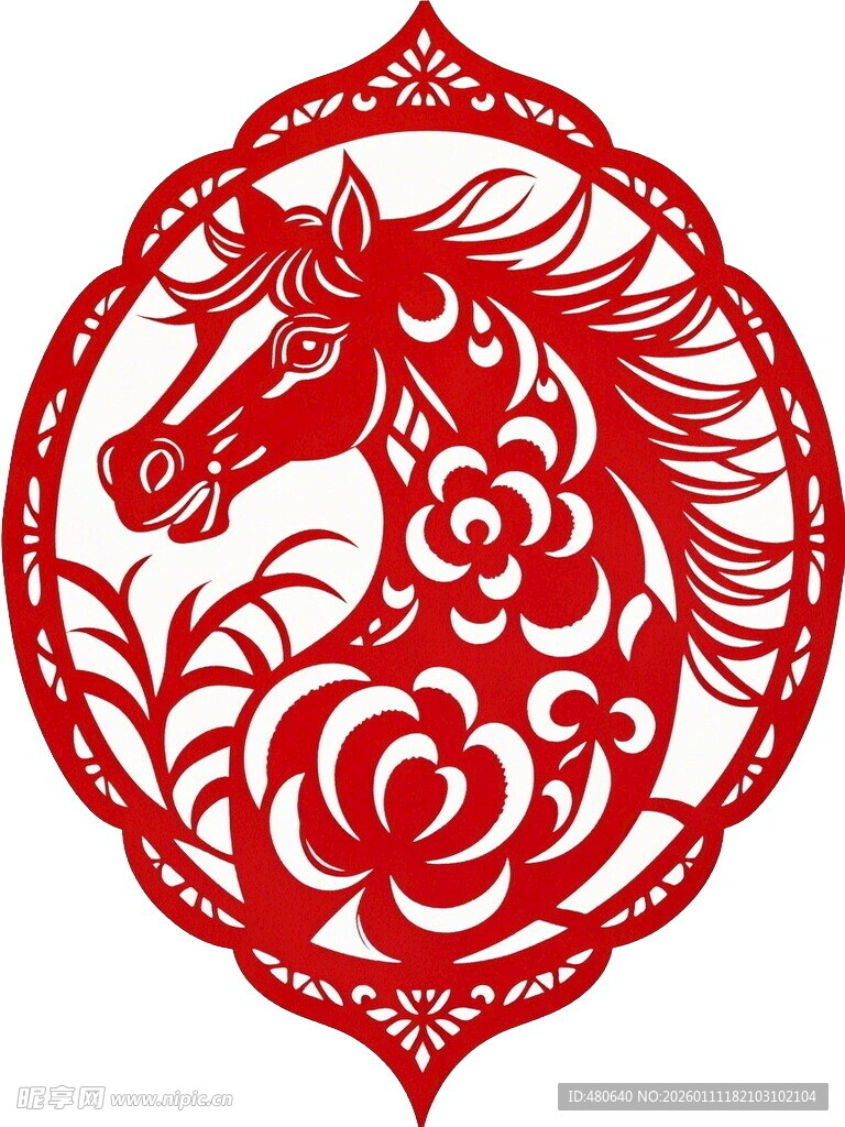 圆形马纹剪纸艺术作品