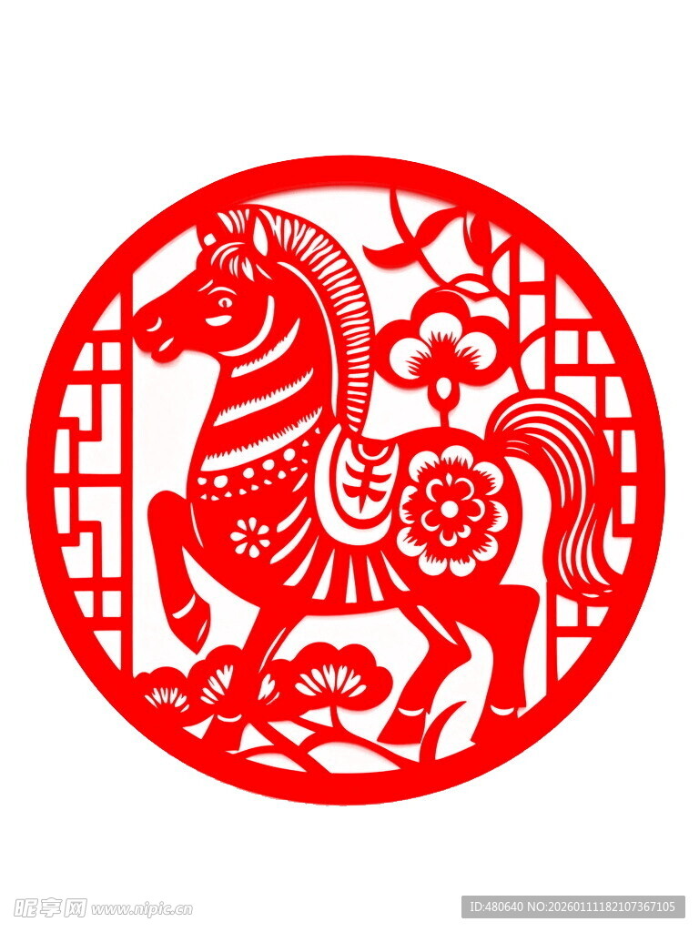 圆形骏马剪纸艺术作品