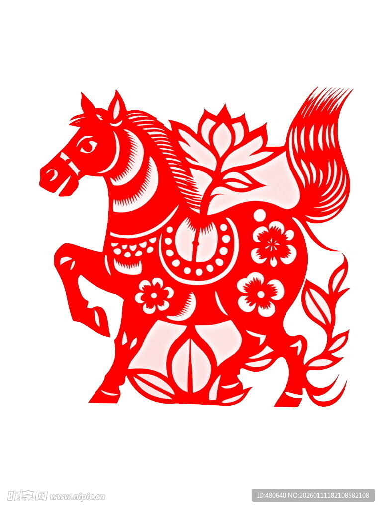 红色剪纸风奔腾骏马图案