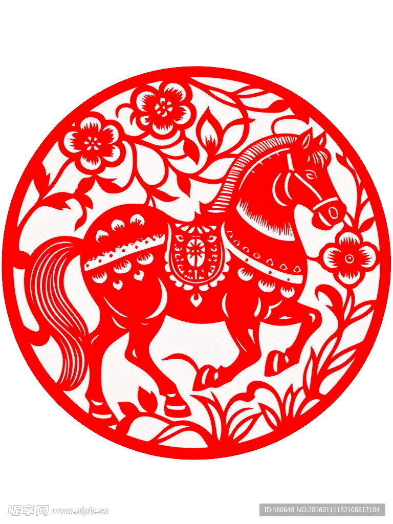 圆形骏马花卉剪纸艺术