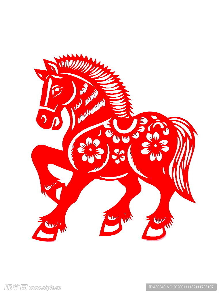 红色剪纸风骏马造型图案