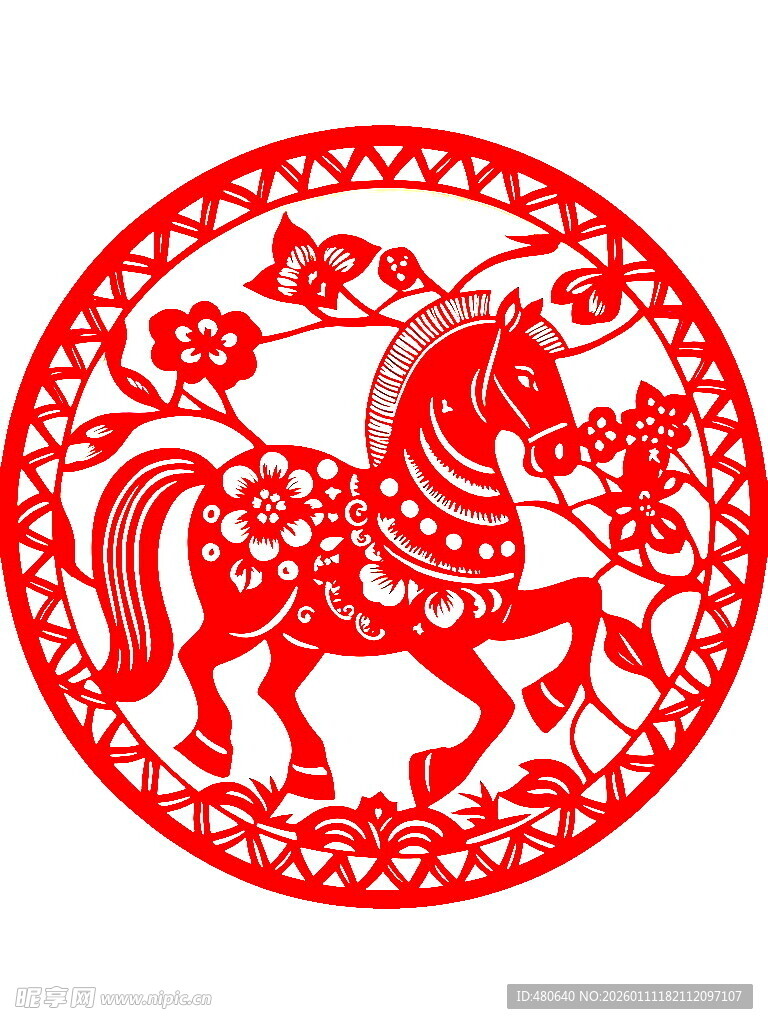 圆形骏马剪纸艺术作品