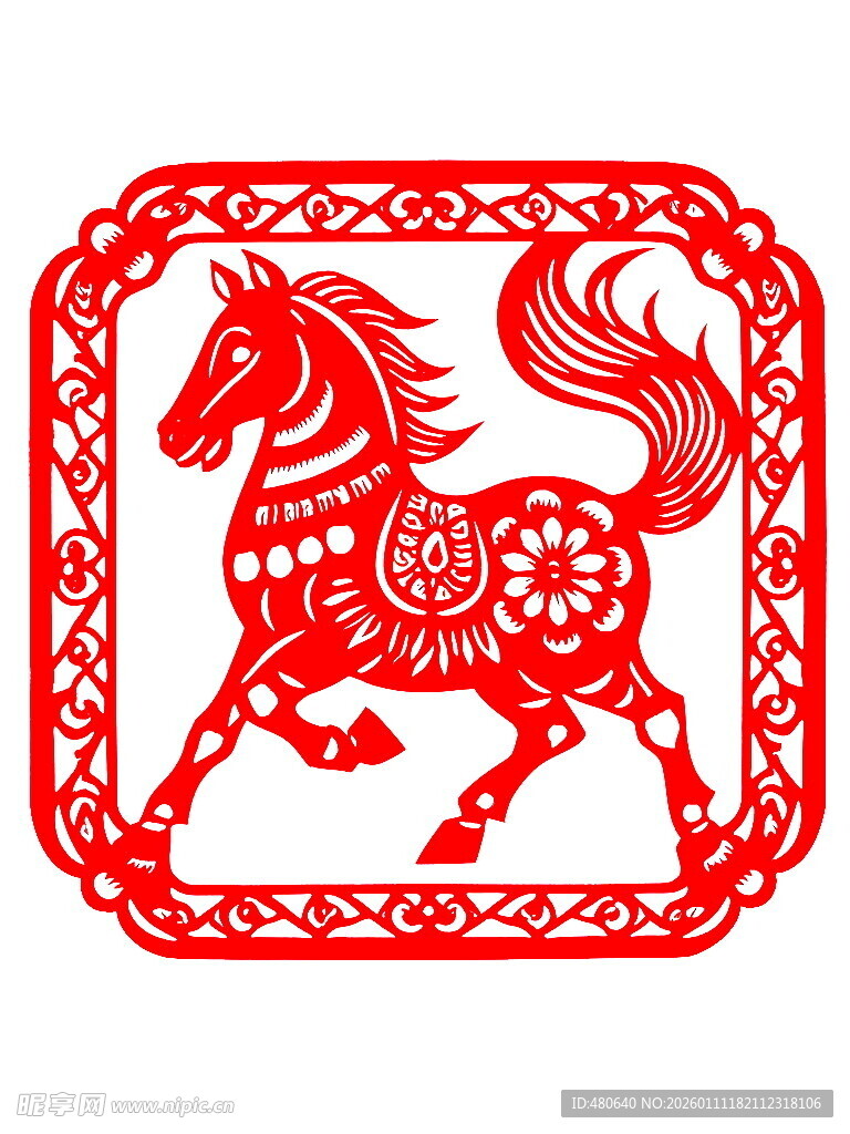 红色剪纸骏马图案