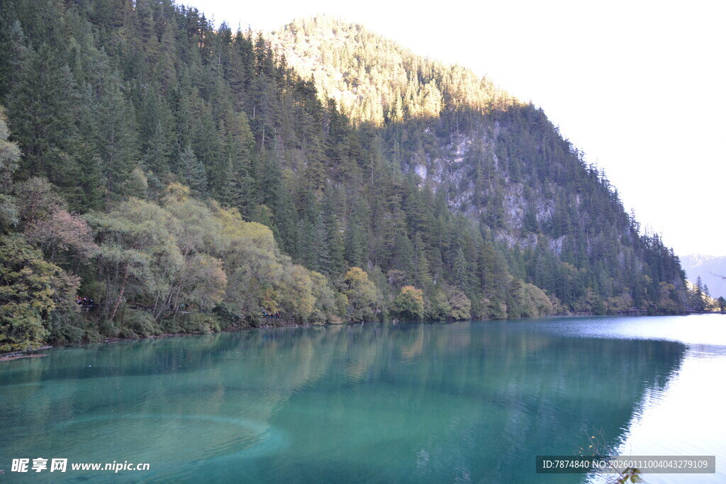 碧绿湖水与葱郁山林美景