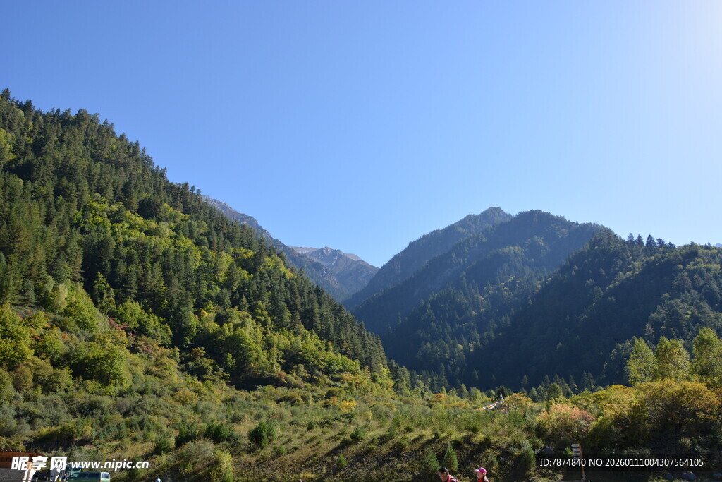 青山葱郁的秀丽山间景色