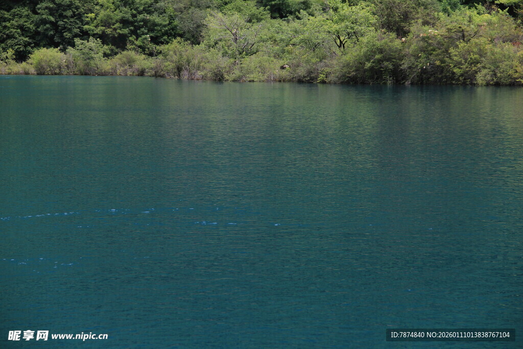 静谧蓝湖与岸边葱郁植被