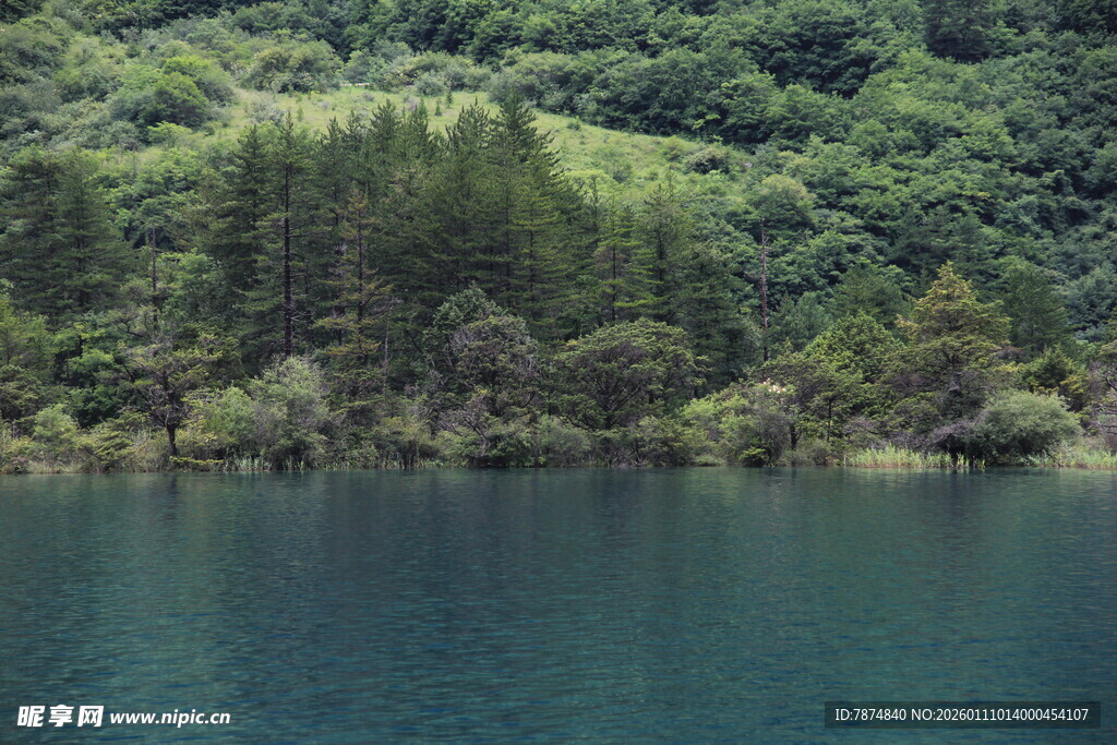 静谧山林环绕的幽蓝湖水
