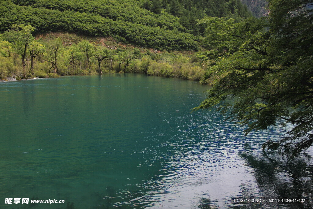 青山环绕的幽美翠绿湖泊