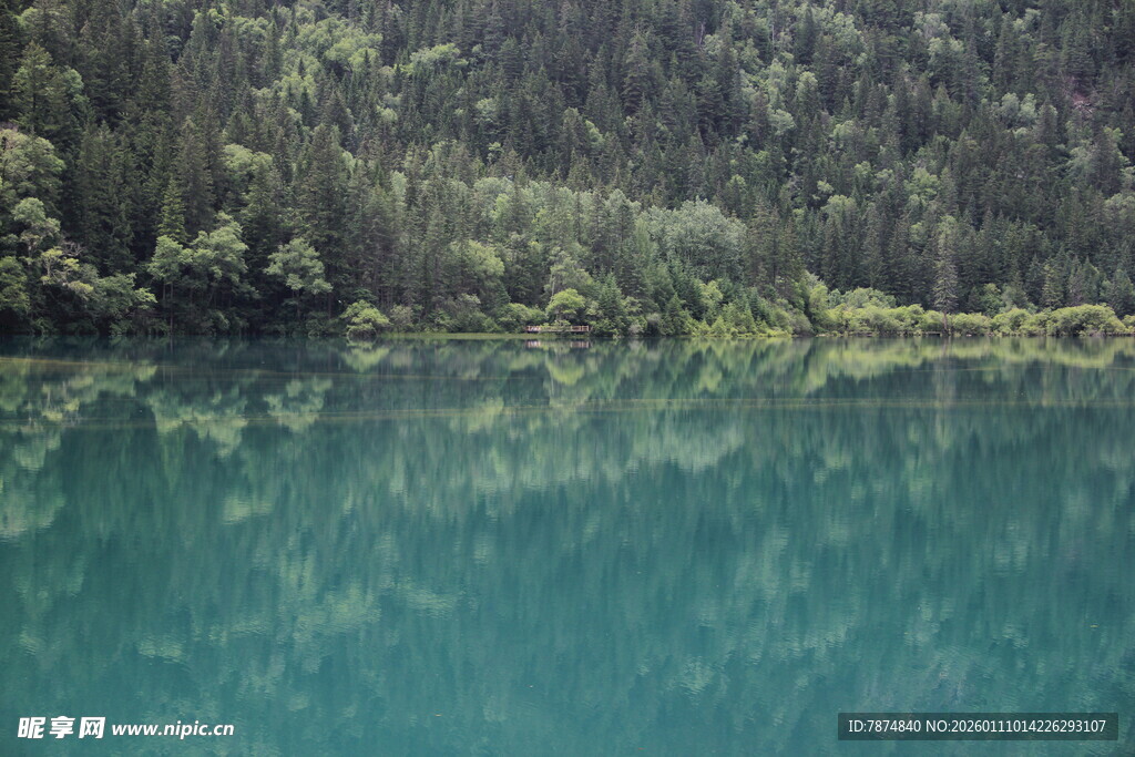 静谧幽蓝湖水映山林