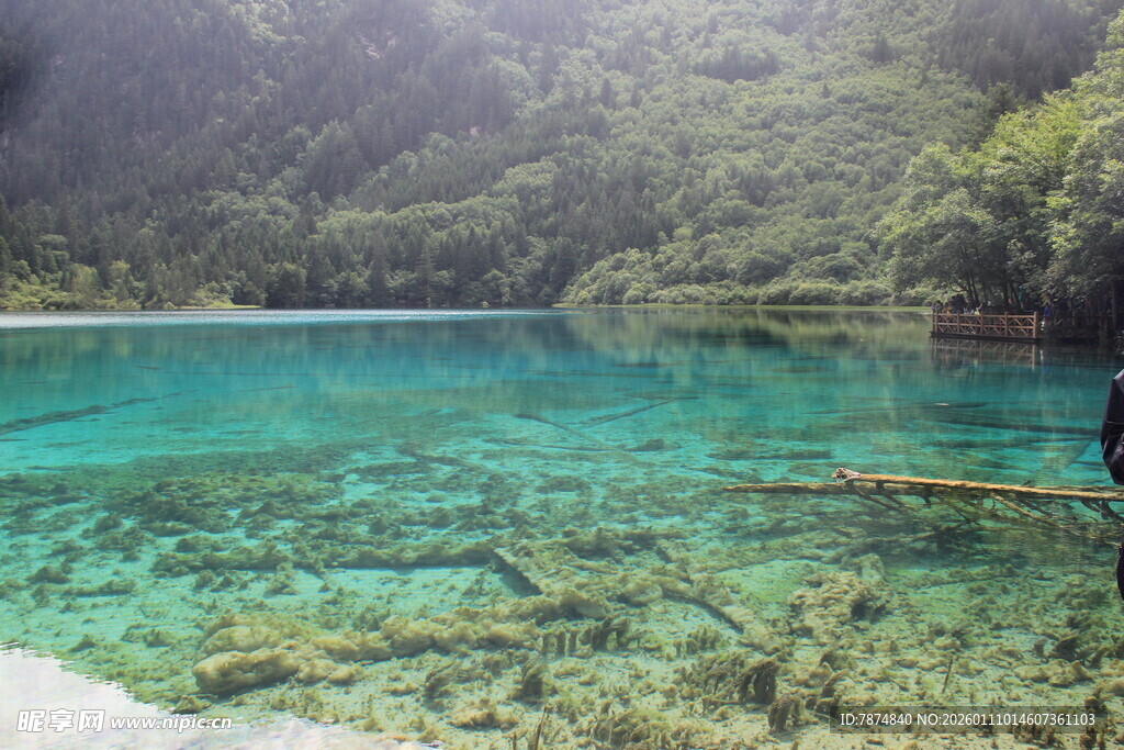 清澈湖景中的独舟旅人