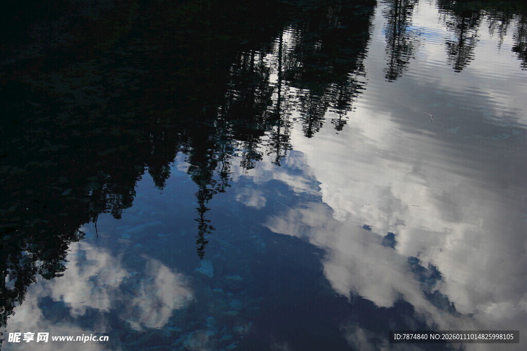 湖面倒映蓝天白云与树木