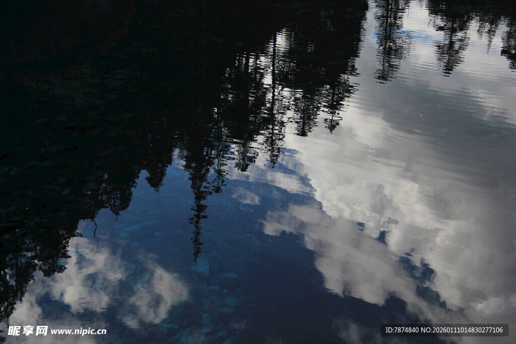 湖面倒映蓝天白云树木