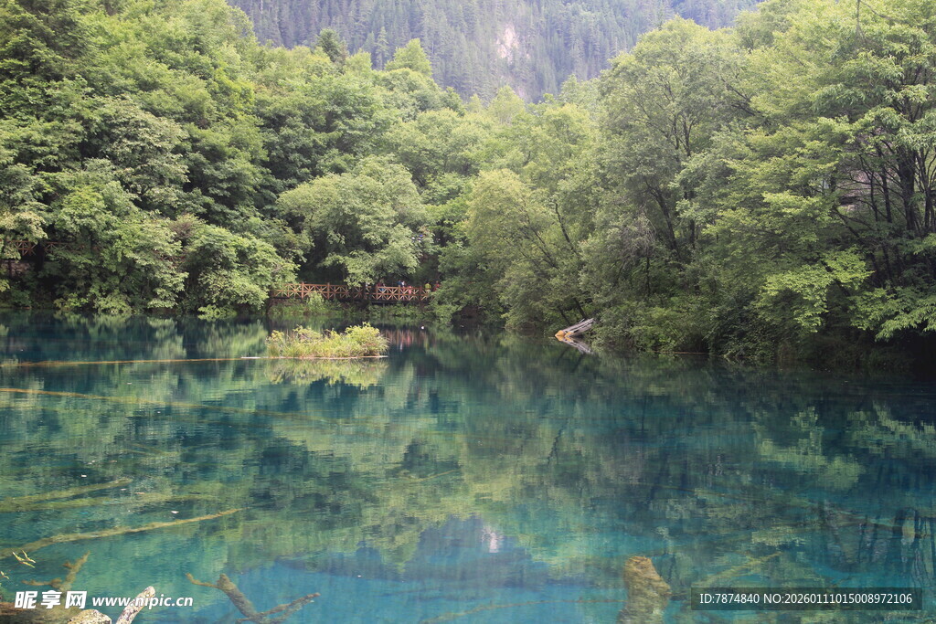 清澈山林间的幽蓝湖水