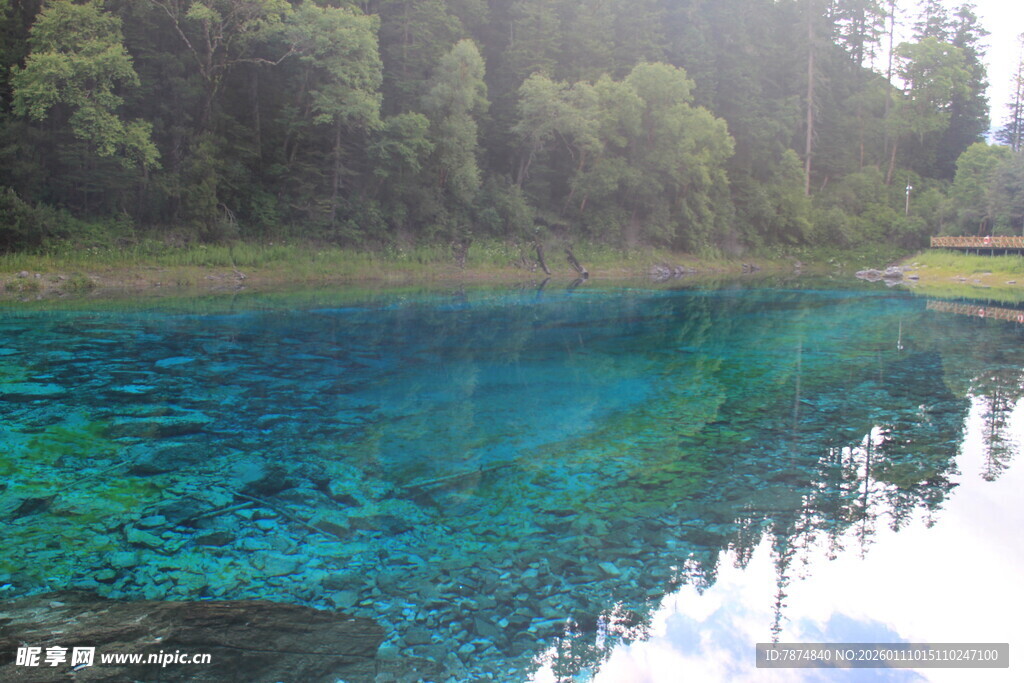 清澈蓝湖映山林美景