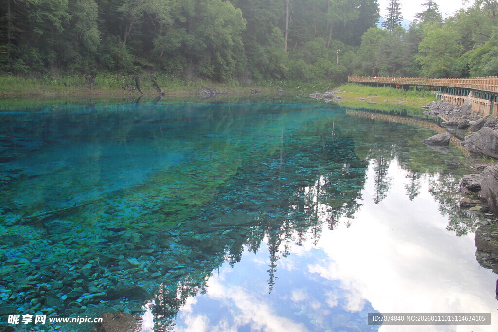 清澈蓝绿色湖水风景图