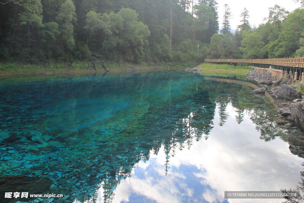 清澈蓝湖与岸边葱郁树林