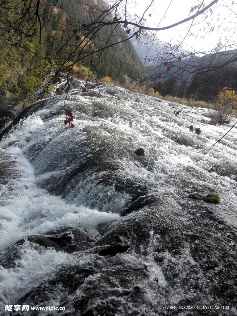 山间湍急溪流奔腾而下