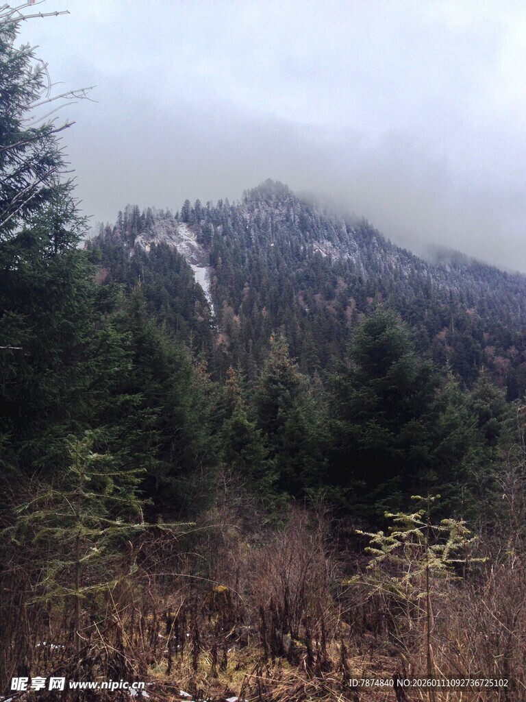 山林云雾中的巍峨山峰