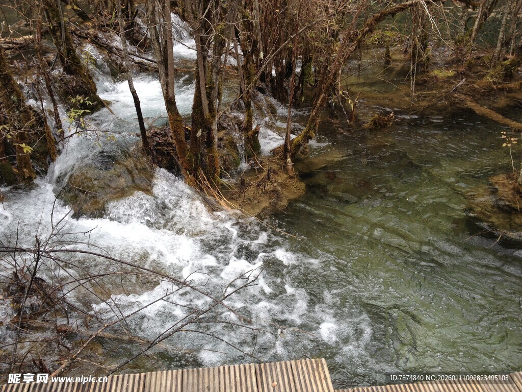 山间溪流旁的木质栈道景观