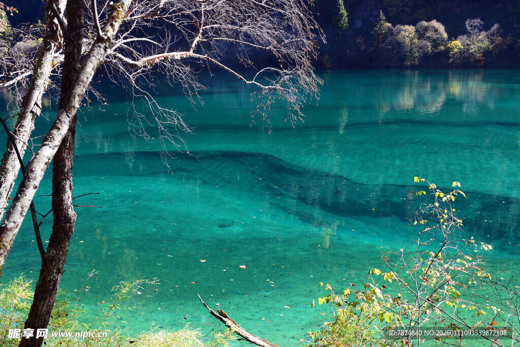 清澈幽蓝的迷人自然湖水
