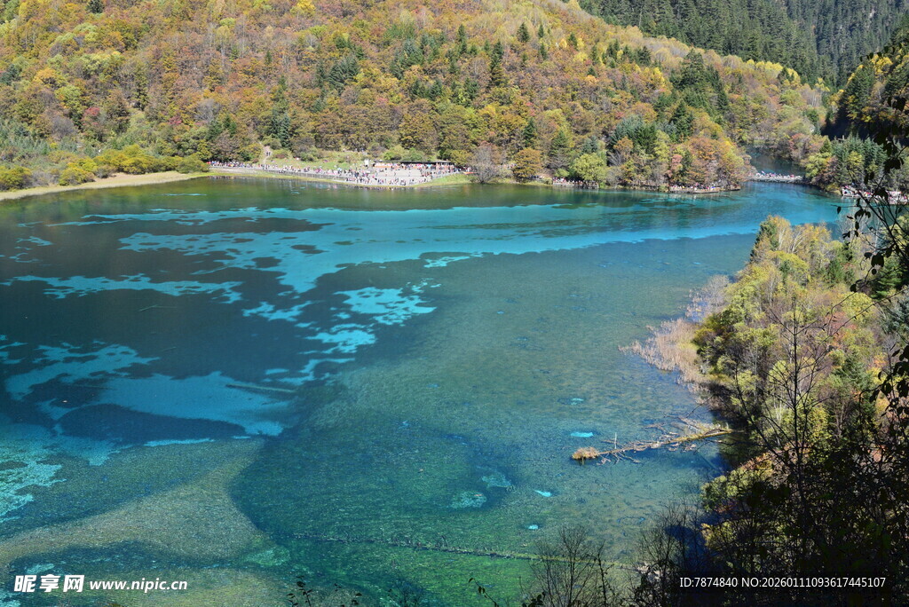 梦幻蓝绿湖边的多彩山林