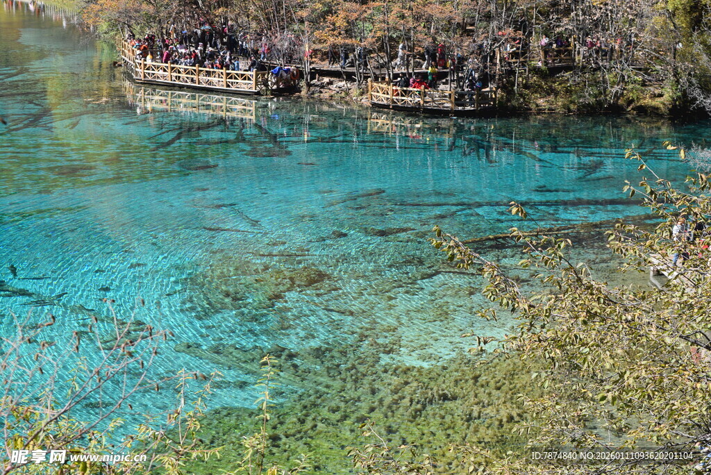 清澈蓝绿色的静谧湖水