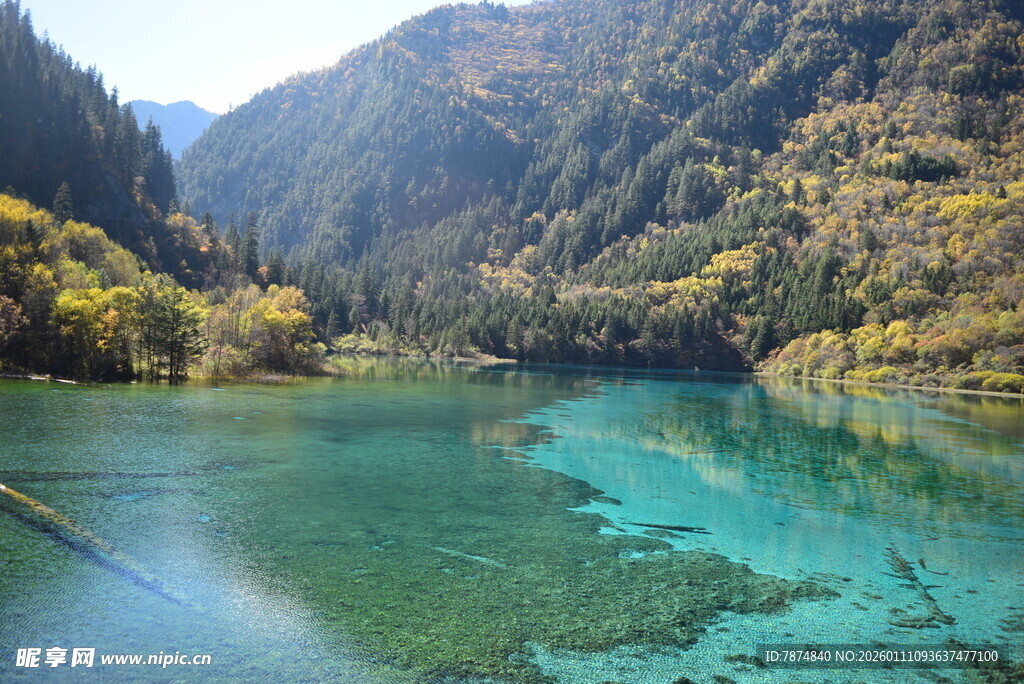 九寨沟清澈碧绿的湖景