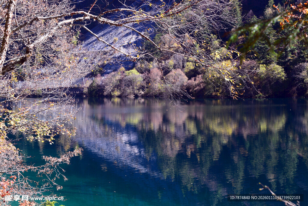 秋日山林中的静谧湖水