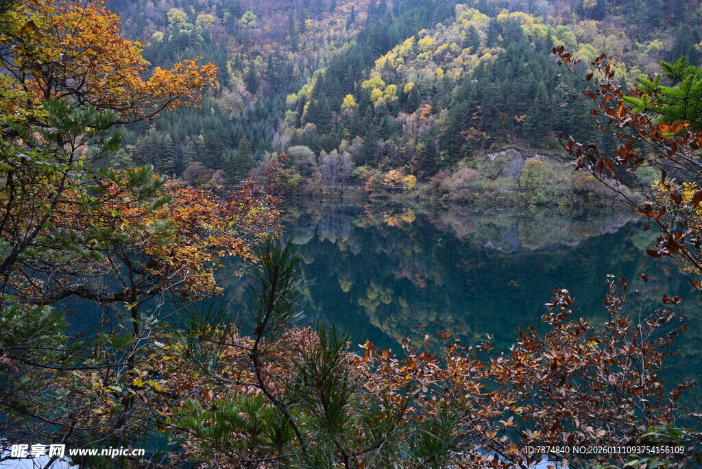 秋日山林中的静谧湖泊