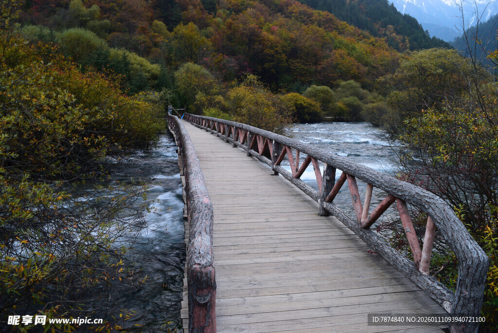 山间木桥秋色美景