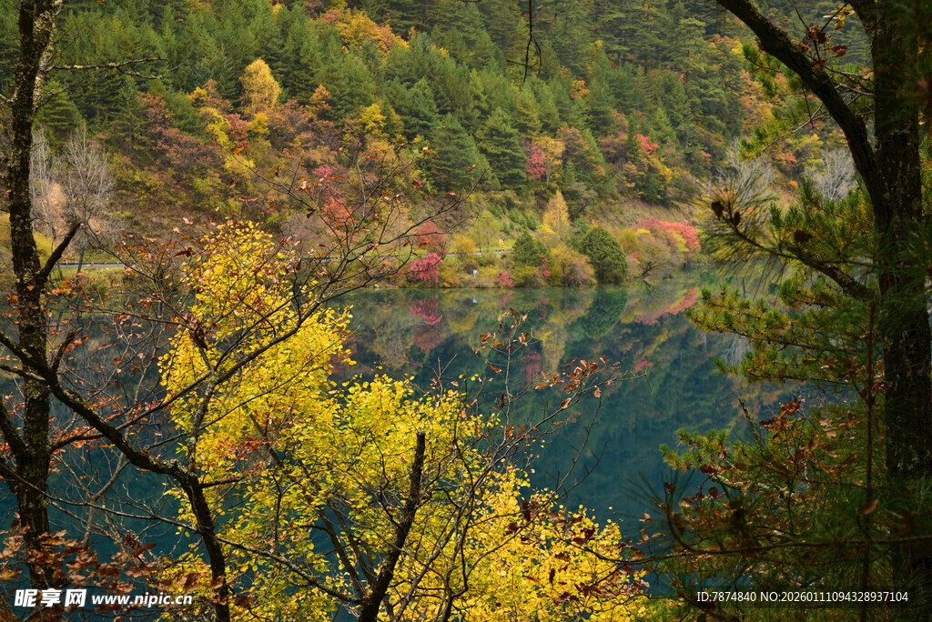 秋日斑斓湖畔山林美景