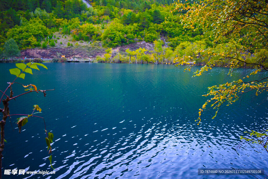 幽蓝湖水与葱郁山林美景